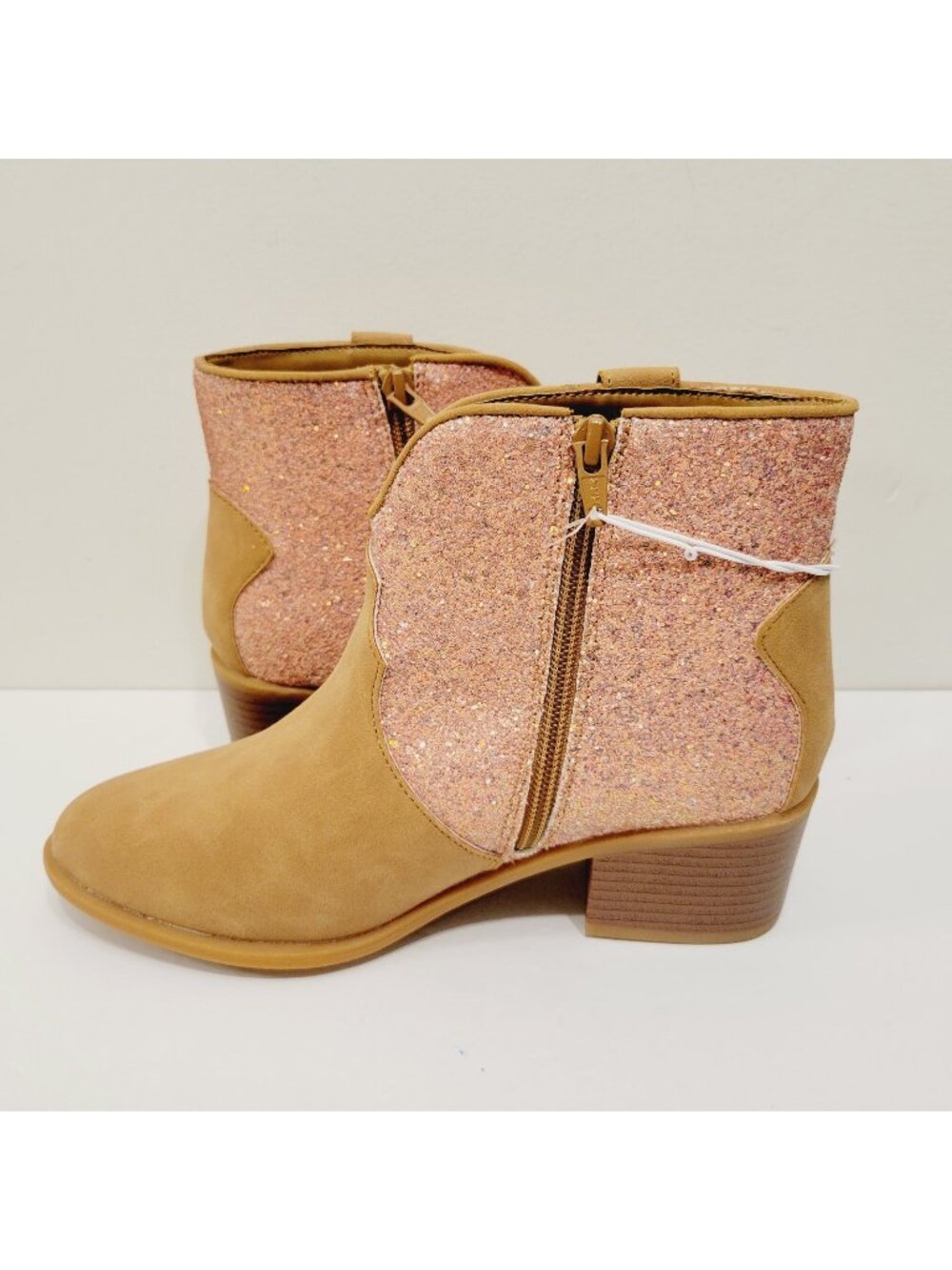 Youth Girls Tan Beige Faux Suede Sparkly Pink Heeled Booties Boots Western Sz 5